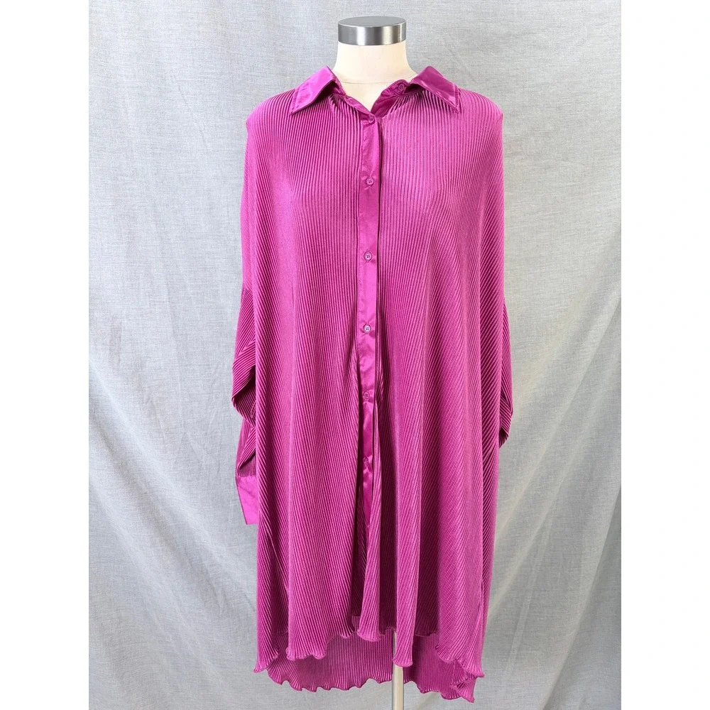 12th Tribe Magenta Pink‎ Plisse Pleated Shirt Dress Oversized Tunic L